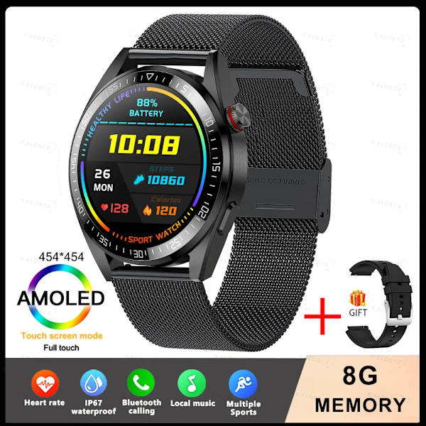 Ny Smart Watch Herr 8G Minne Lokal Musikspelare 454*454 AMOLED-skärm Bluetooth Call Sports Man Smartwatch För Huawei Mesh Belt Black Original box