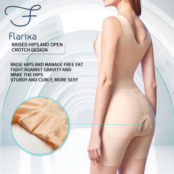 Flarixa Plus Size Shapewear Dam Waist Trainer Body Shaper Sömlös öppen gren Bodysuits i ett stycke Boxer Beige L