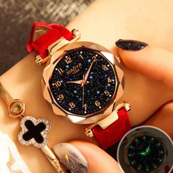 Lyx Starry Sky Watch For Women Mode Dam Quartz Armbandsur Rött Läder Vattentät Klocka relogio feminino zegarek damski Red