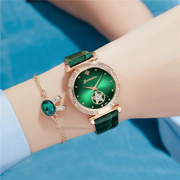 Lyx Dammode 2022 Gröna klockor Kvaliteter Diamantdubbad Quartz Watch Dam Läderarmbandsur Elegant Montre Femme RED