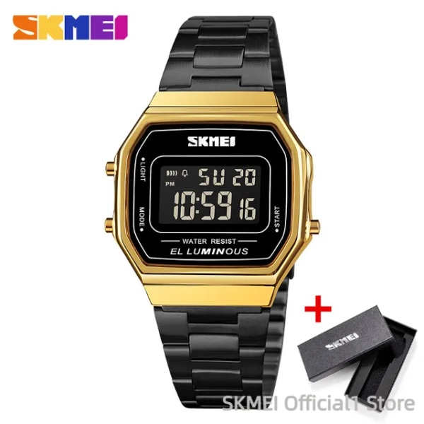 SKMEI 1647 Retro Digitala Klockor Män Mode Business Stålband Vattentät Watch Elektronisk Herr Armbandsur Man reloj hombre Gold Black with box