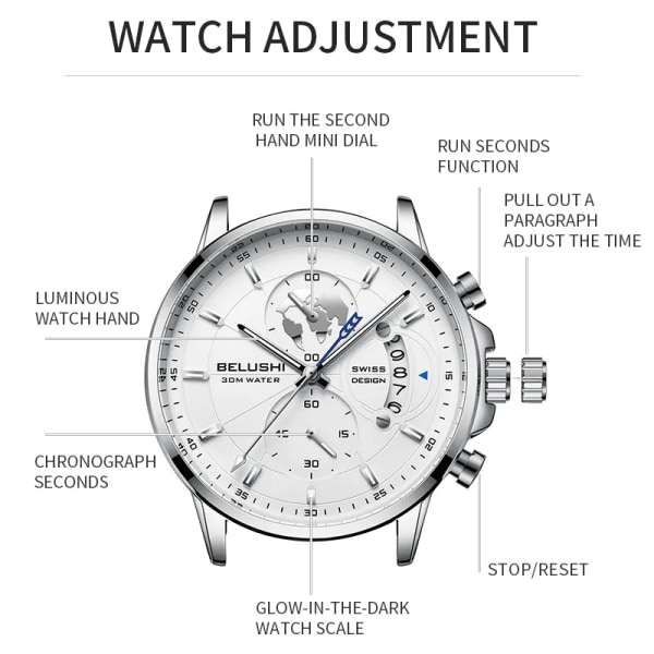 BELUSHI Mode Herr Quartz Armbandsur Vattentät Lyx Märke Lysande Stoppur Watch Casual Läderarmband Klockor 2023 BB