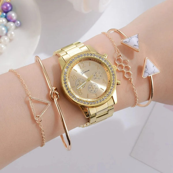 6/5/3PCS 2022 Lyx Damklockor Set Armband Armbandsur Mode Dam Quartz Watch Klänning Kvinnlig Klocka Montre Femme Relogio 5PCS Gold