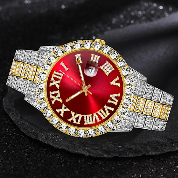 Iced Out Watch Herr Lyx Märke Full Diamond Herrklockor AAA CZ Quartz Watch Vattentät Hip Hop Man Klocka Present För Herr Silver Red Set
