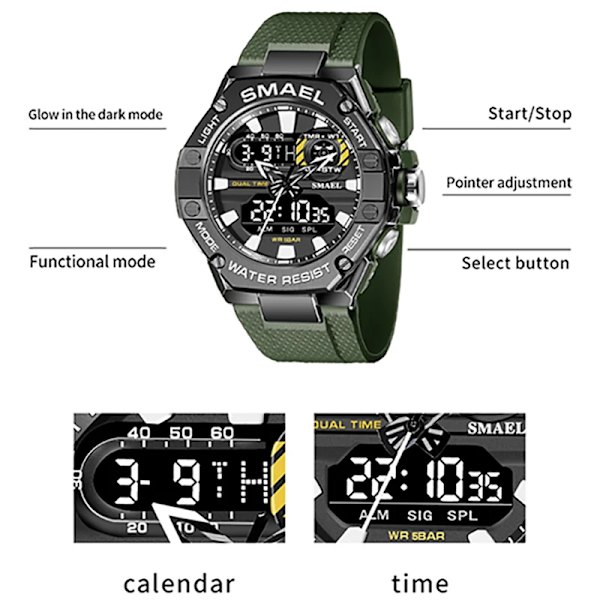 SMAEL Watch för män Dual Time Watch för män Led Light Watch Alarm 8066 Mode Sportklockor Military S Shiock Armbandsur ARMYGREEN