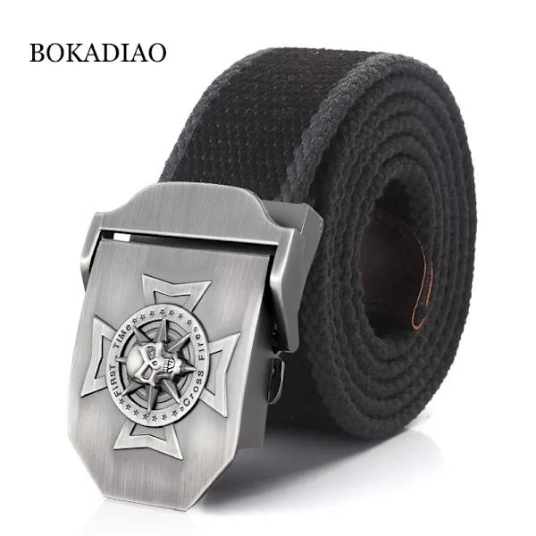 BOKADIAO Herr & Kvinnor Militär Canvas bälte lyxigt midjeband Skalle Cross Metal spänne jeans bälte Army taktiska bälten för manlig rem Khaki stripe 100cm