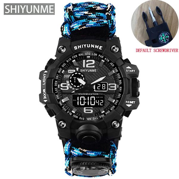 Utomhus Survival Watch Multifunktionell Vattentät Militär Taktisk Paracord Watch Armband Camping Vandring Nödutrustning Blue