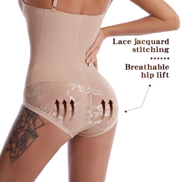 Kvinnor Body Sexig Spets Jacquard Butt Lifter Shapewear Waist trainer Body Shaper Korsett Strappy-Back Bröststöd Underkläder Skin M