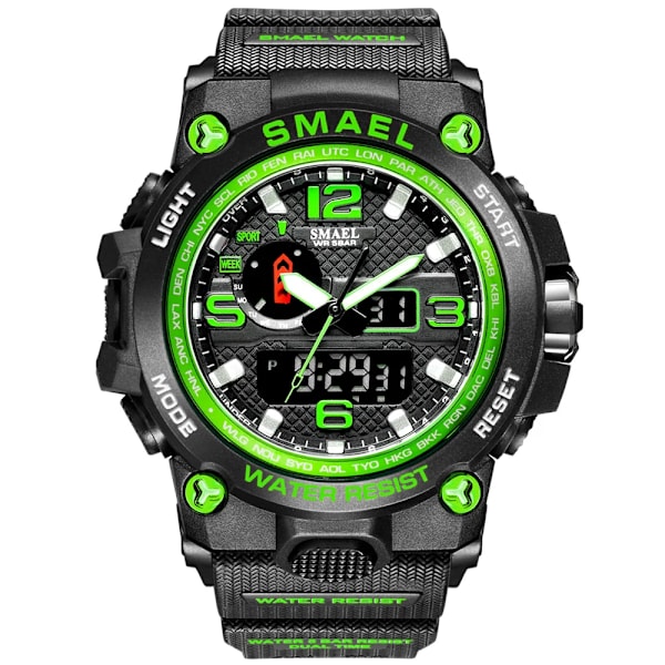 SMAEL klockor för män 50M vattentät klocka Alarm reloj hombre 1545D Dual Display Armbandsur Quartz Military Watch Sport Ny Herr BLACKGREEN