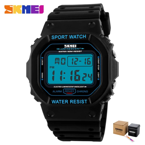 SKMEI Digitala Herrklockor Chrono Alarm Kalender Watch 5Bar Vattentät Man Elektronisk Klocka relogio masculino 1134 blue with Box