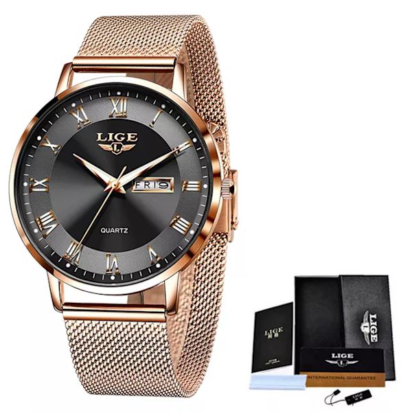 LIGE Watch Armband Quartz Clock Movement Enkel Vattentät Rose Gold Rostfritt stål Mesh Damklockor Relogio Feminino Rose gold black