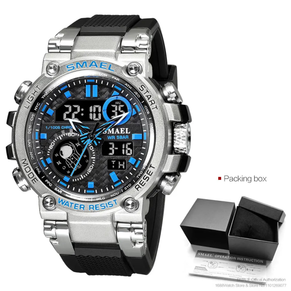 SMAEL Light Blue Sport Digital Watch för män Vattentät Dual Time Display Chronograph Quarz Armbandsur med Auto Date Week 1803B Silver Blue-Box