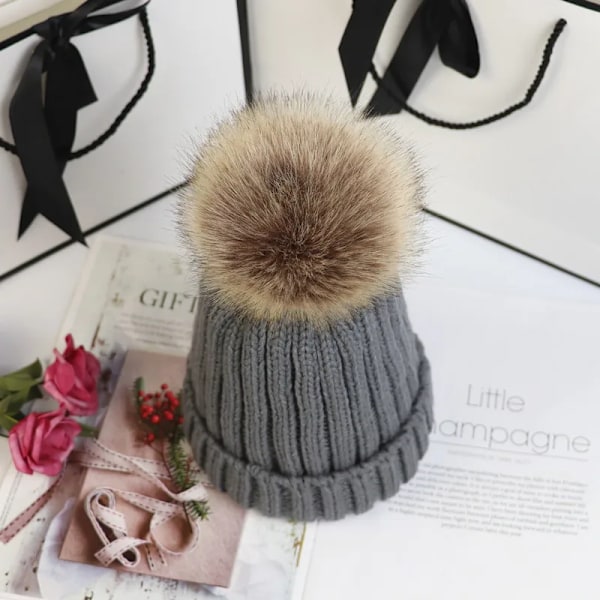 Ny Pom Pom-hatt - Trendig vinterhatt för flickor och kvinnor - Varma mössor av hög kvalitet Dark grray Kid