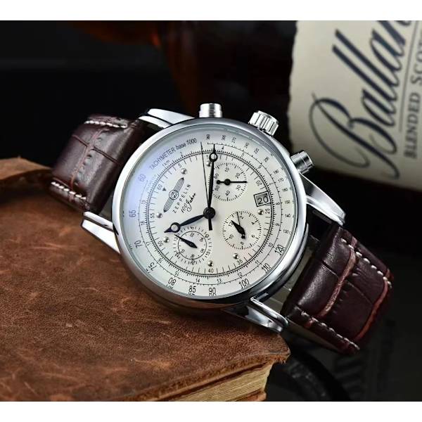 Nya Zeppelin lyxiga fritidskvarts läderklocka för män watch sport vattentät datum multifunktions kronometer Brown white