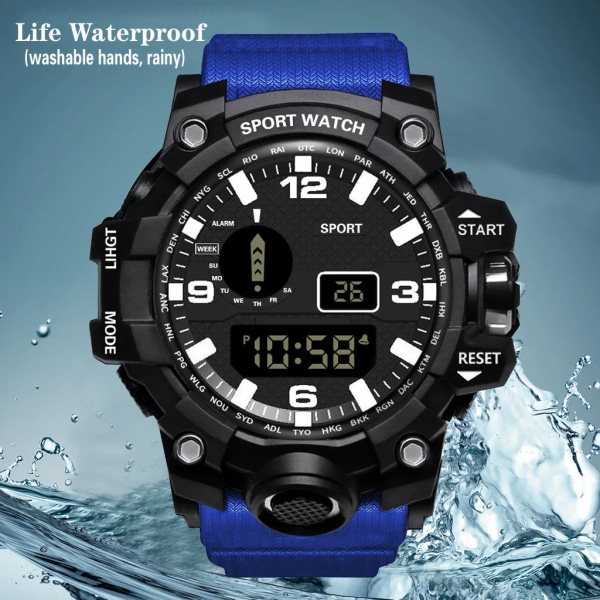 YIKAZE Svart Watch Militär Watch Digitala herrklockor Vattentät Countdown Date LED Elektronisk Armbandsur Klocka B-Color blue