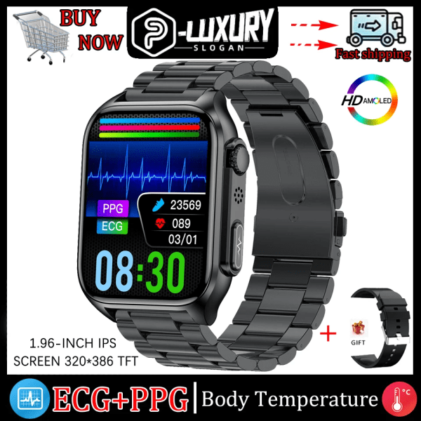 LYCKLIG EKG+PPG Smart Watch Män Laserbehandling av hypertoni Hyperglykemi Hyperlipidemi Puls Hälsosam Sport Smartwatch Black steel