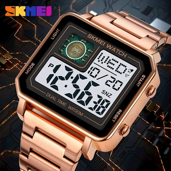Elektronisk watch för män Big Numbers 3ATM Vattentät män Digital watch i rostfritt stål utomhussport fyrkantig watch för män rose gold