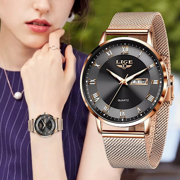 LIGE Watch Armband Quartz Clock Movement Enkel Vattentät Rose Gold Rostfritt stål Mesh Damklockor Relogio Feminino Rose gold black