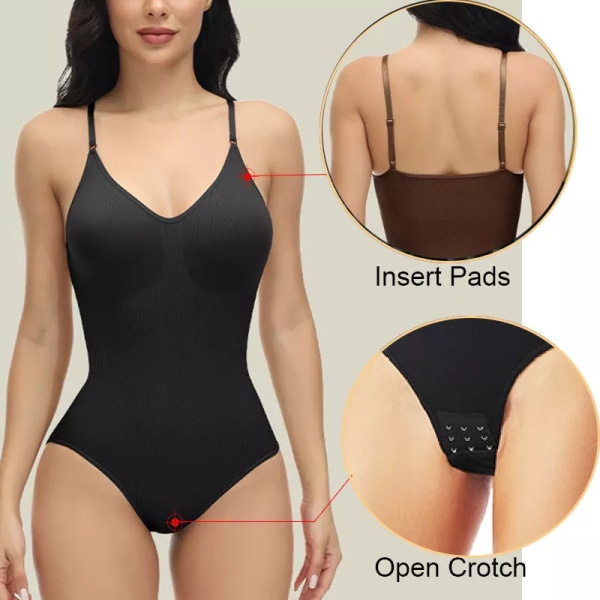 GUUDIA V-hals Spaghetti Strap Bodysuits Compression Body Suits Öppen gren Shapewear Slimming Body Shaper Smooth Out Body black L