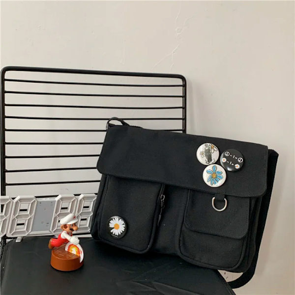 Axelväska för kvinnor Handväska med stor kapacitet Enkelt mode Solid Casual Canvas Skola Crossbody Messenger-väskor för kvinnor Black 26x33x7cm