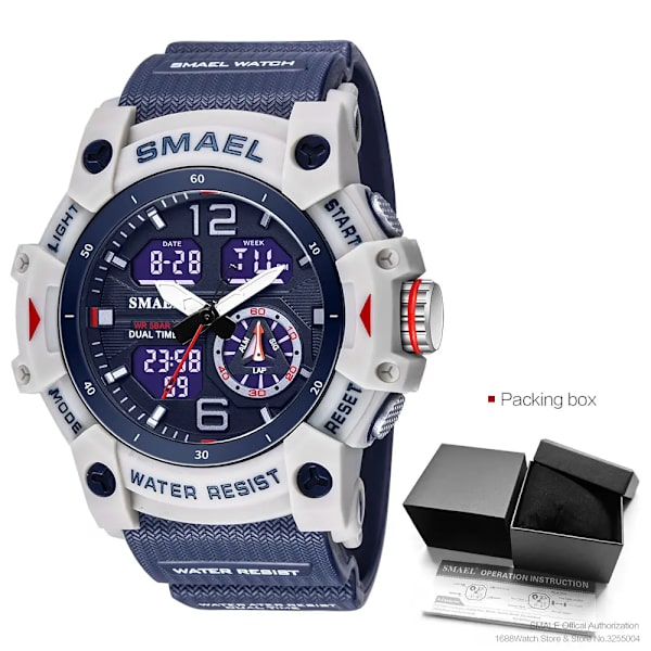 SMAEL Dual Time LED Display Watch för män Militär Sport Digitala klockor Dam Unisex Vattentät Auto Date Week Armbandsur 8007 Blue-Box