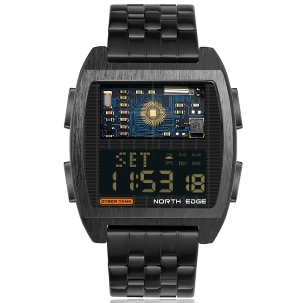 NORTH EDGE 2022 Digital watch för män Retro Industriell Metal Style Vattentät 50M Sportklockor För Herr World Time reloj de hombre Black