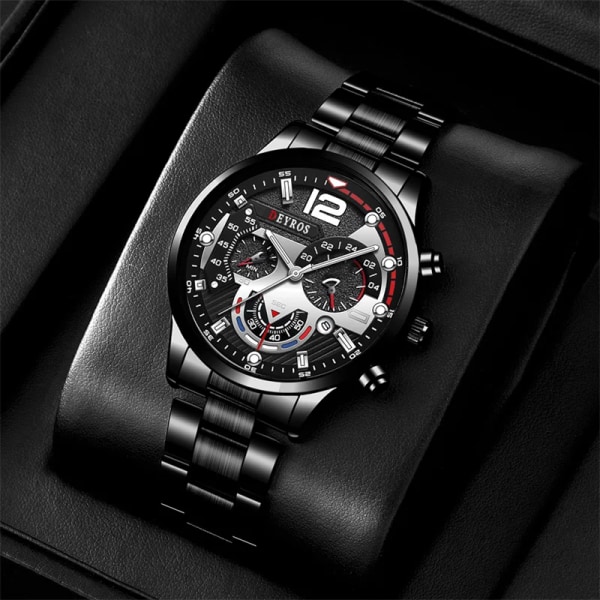 Lyxmärke Herrklockor Mode rostfritt stål Watch Kalender Lysande klocka Män Business Casual Watch Black Silver