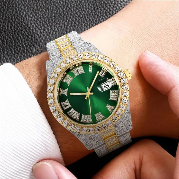 Lyx Herr Watch Guld Rostfritt stål Diamantremskalender Roman Digital Watch Herr Armbandsur Herr Hip Hop Armbandsur V1278-1