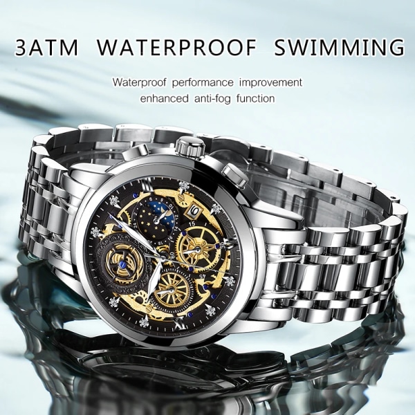 WISHDOIT Watch för män vattentät rostfritt stål Kvarts Analog Fashion Business Sun Moon Star Armbandsur Toppmärke Silver Gold White