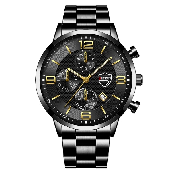 reloj hombre Luxury Business Herrklockor Rostfritt stål Quartz Armbandsur Herr Läderkalender Lysande klocka relogio masculino Steel Black Gold