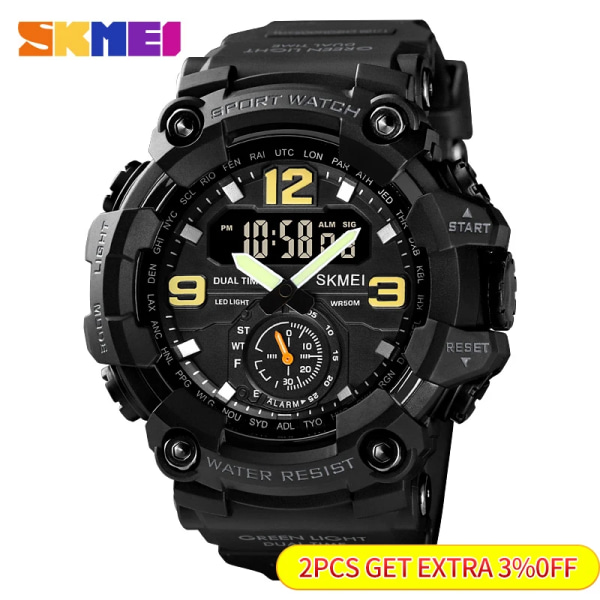 SKMEI Stötsäker Digital Watch Dual Movement 3 Time Sportarmbandsur Herr Vattentäta Elektroniska Klockor montre homme 1637 Gray Black with box