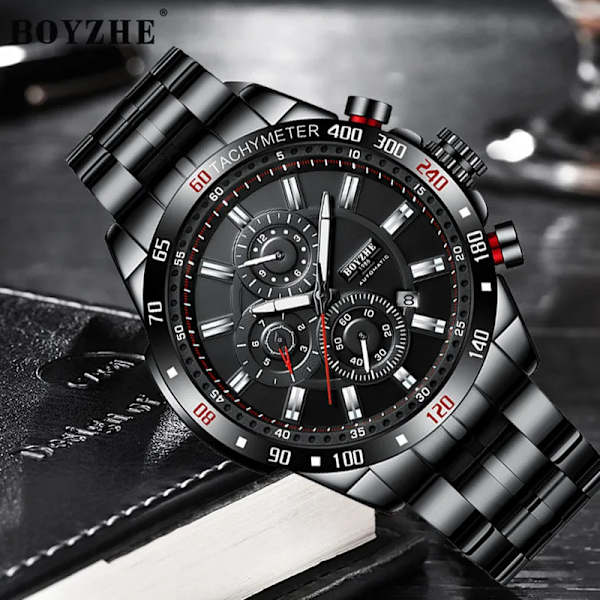 Boyzhe Men Sport Automatisk Mekanisk Watch 3 Bar Vattentät Multifunktionsskärm Lysande Hands Herr Klockor relogio Black Leather