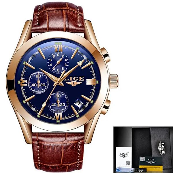 Nytt mode herrklockor Toppmärke Lyx Military Quartz Watch Premium Läder Vattentät Sport Chronograph Watch Herr gold blue