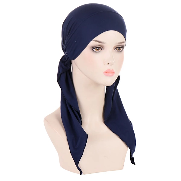 Kvinnors NewInner Hijab Turban Förbandshatt Solid Lång Svans Huvudduk Wrap Beanies Bonnet Huvudduk Stretch Huvudbonad Hatt Navy