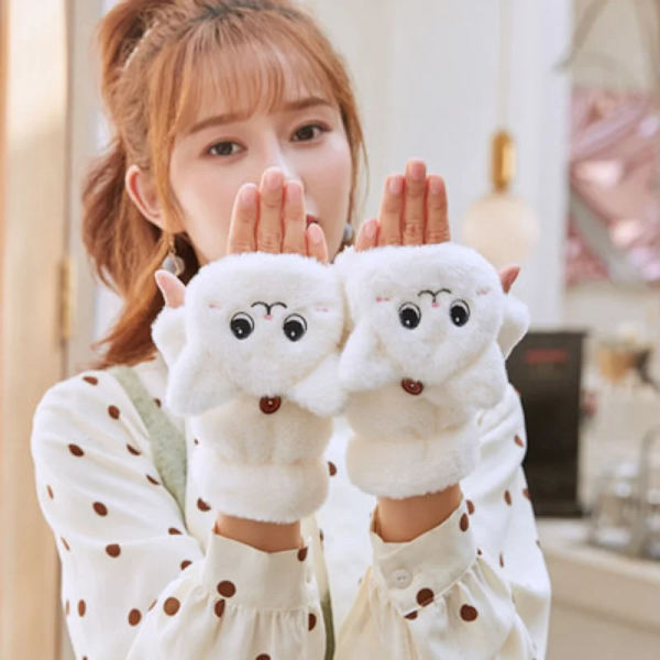 Kvinnor Vinterplysch Kattvantar Fingerlösa handskar Plysch Varmhandske Vinter Mjuka Tjocka Handskar för Kvinnor Tjej Flexibel Halvfinger Grey Rabbit Gloves One Size