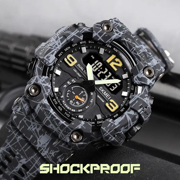 SKMEI 1637 Dual Movement 3 Time Sport Armbandsur Herr Vattentäta Elektroniska Klockor montre homme Stötsäker Digital Watch Blue camo