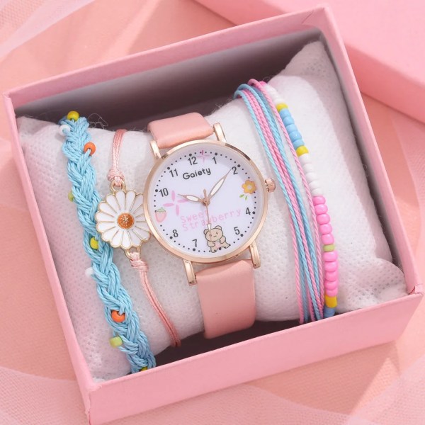 Nytt 5 st Damklocka Watch Set Läder Söt Björn Flickor Armbandsur Mode Dam Quartz Klocka reloj mujer Studentpresent A black