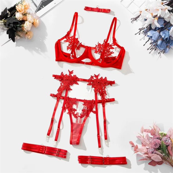 YBFDO Sexiga underkläder set sommarmode broderi blommig färg hängslen samlade underkläder delad kostym red L