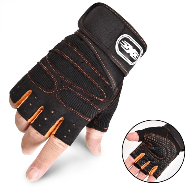 Herr Gym Handskar Tyngdlyftning Bodybuilding Träning Fitness Fingerlösa handskar Halvfinger Cykelhandskar Halkfritt handledsstöd Black Orange L