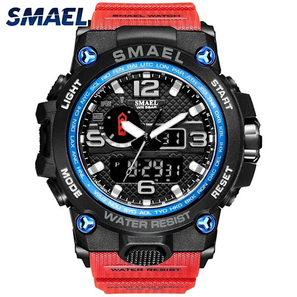 SMAEL klockor för män 50M vattentät klocka Alarm reloj hombre 1545D Dual Display Armbandsur Quartz Military Watch Sport Ny Herr REDBLUE