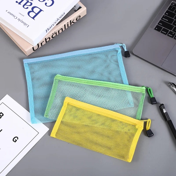 Transparent Synlig Nylon Mesh Makeup Kosmetisk Förvaringsväska Skolkontor Fil Dragkedja Student Penna Test Papper Organizer blue A6 (14.4x10.5cm)
