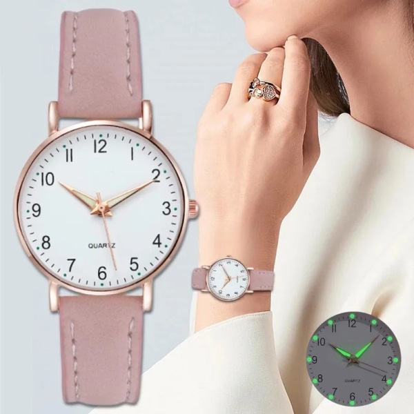 Kvinnor Lysande watch Mode Casual Läderbälte Klockor Enkla Damers Liten Urtavla Quartz Clock Klänning Armbandsur Reloj Mujer Pink