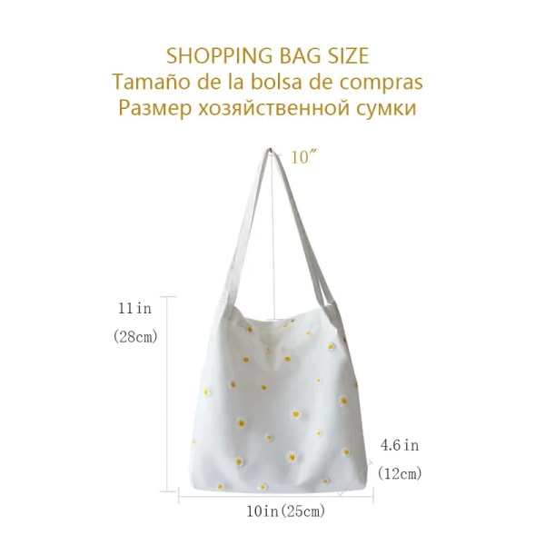 Liten tygväska i canvas för kvinnor Flickor Shopper Designer handväska Casual broderi med Daisy Virkade Söta Mesh axelväskor White