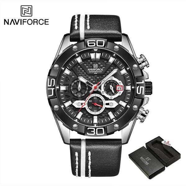 Top Lyx NAVIFORCE klockor för män Mode Sport Kronograf Quartz Armbandsur Man Militär Läderrem Vattentät klocka SB BOX