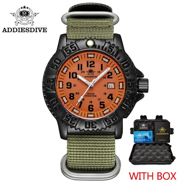 ADDIES Ny Orange Watch Sports Luminous Herrklocka Toppmärke Lyx Helt stål Quartz Klocka Vattentät Date Watch Herr 050-talet Green nylon A box