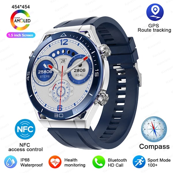 NFC AMOLED Smart Watch Herr Custom Dial Svara Ring Sport GPS Track Kompass IP68 Vattentät Smartwatch För Huawei Ultimate Blue