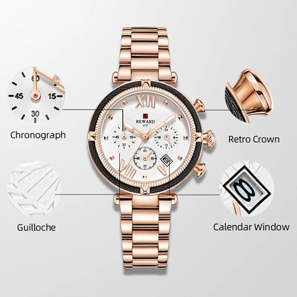 REWARD Mode Kvinnor Armbandsur i rostfritt stål Kvartsklockor Kronografkalender Vattentät Watch Present till fru Silver