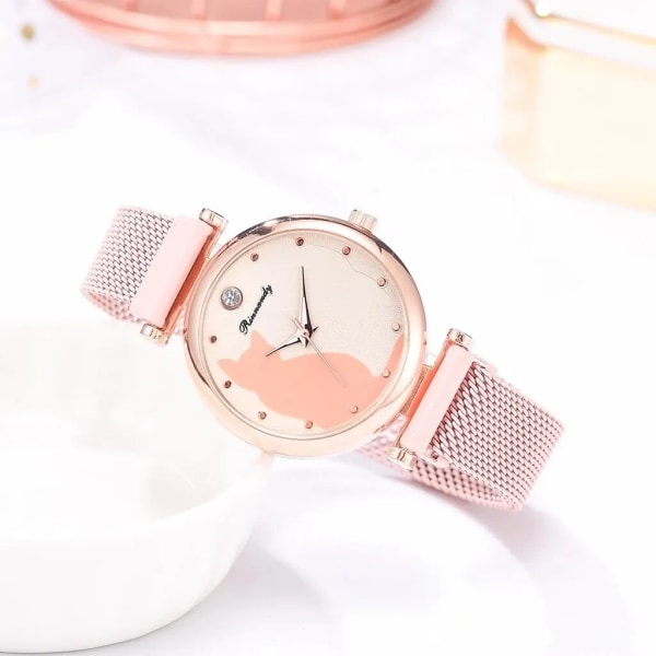 Watch 5 st Quartz Set Mesh Armband Cat Dial Lyx Watch Casual Damklocka med set Pink Set
