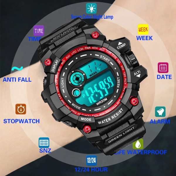 Watch Cool Lysande Watch Multifunktion Militärklocka Armbandsur Led Digital Elektronisk watch för Man Barn 621-black