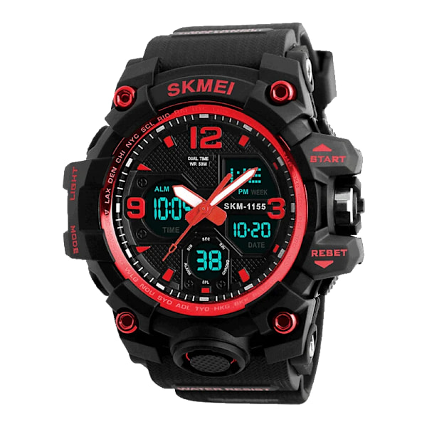 SKMEI 2 Time Herrklocka Man Elektroniska Sportklockor Stoppur Bakljus Alarm Vattentät Quartz Clock reloj hombre 1155B Red Watch